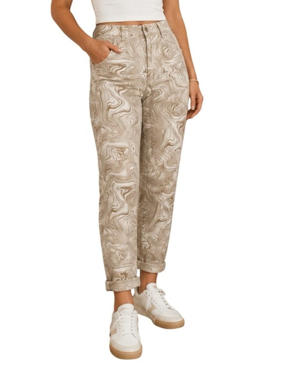 Cotton On Jeans Womens Size 4 Tan Paisley Mom Jeans High Rise Straight Leg Prepp